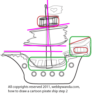 How to draw a cartoon Pirate Ship step by step, step 2, webbywanda.com, webbywanda.tv all copyrights reserved